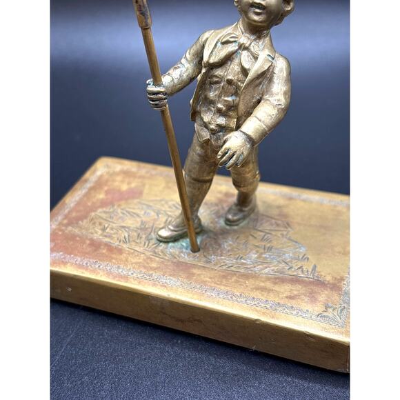 Vintage Brass or Bronze Boy Statue/Figurine With Trident/Fork on Base Unmarked - Picture 3 of 8